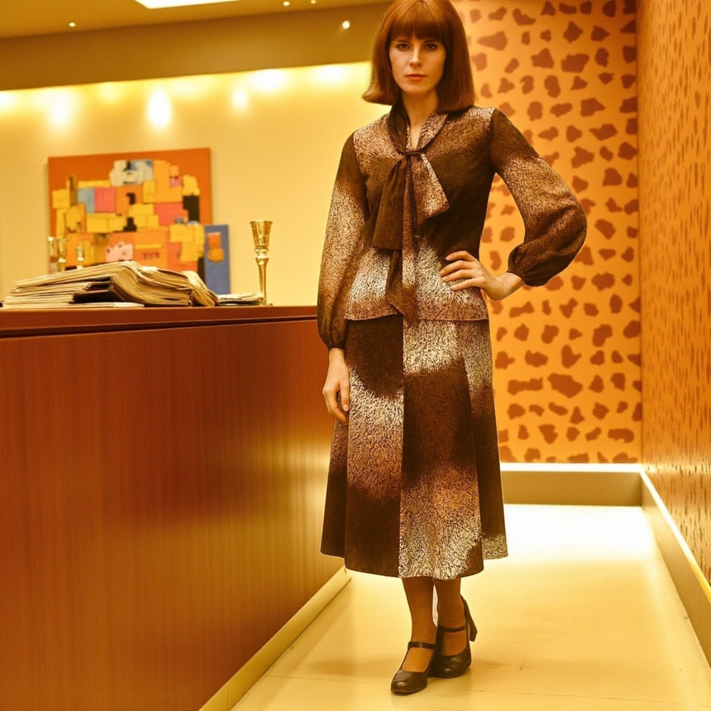 Vintage 1970s Brown Leopard Print Union Made Polyester Blouse & Skirt Set... - Picture 11 of 13
